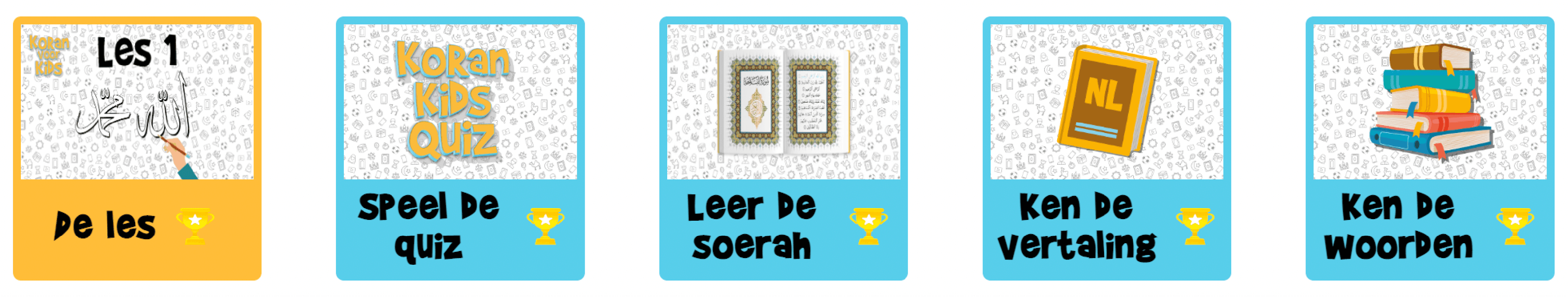 Lesonderdelen: de les, speel de quiz, leer de soerah, ken de vertaling, ken de woorden